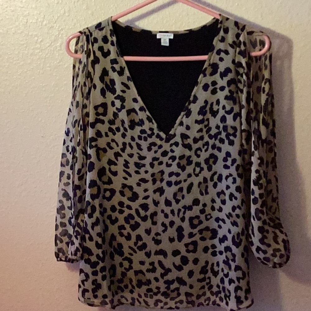 Like new Guess Leopard jungle safari open arm sheer low cut v neck blouse size S
